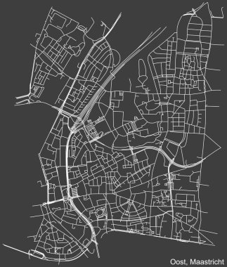 Hollanda 'nın başkenti Maastricht, Hollanda' nın OOST DISTRICT kentinin şehir yolu haritası koyu gri arka planda ayrıntılı olarak