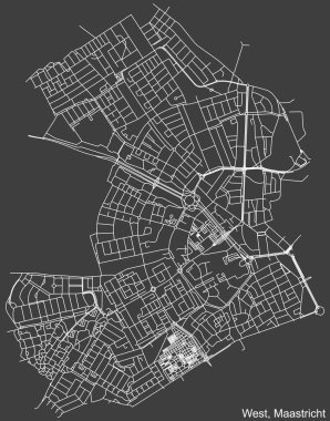 Hollanda 'nın başkenti Maastricht, Hollanda' nın Batı Bölgesi 'nin şehir haritasının beyaz çizgileri koyu gri arka planda yer almaktadır.