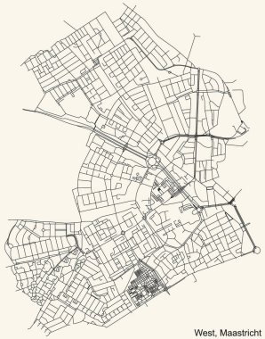 Hollanda 'nın başkenti Maastricht, Hollanda' nın Batı DiSTRICT kentinin klasik bej arkaplan üzerindeki kentsel yol haritasının ayrıntılı navigasyon siyah hatları
