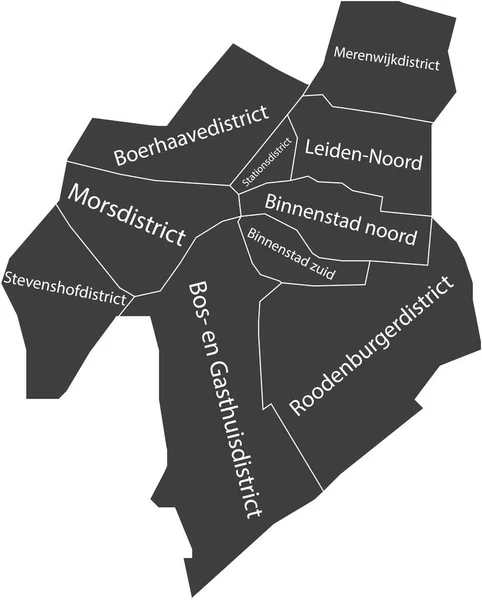 Donkergrijze Vlakke Vectorkaart Van Leiden Nederland Met Naambordjes Witte Grenslijnen — Stockvector