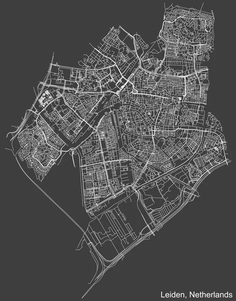 荷兰莱登州首府城市街道路线图 暗灰色背景下的详细负导航白线 — 图库矢量图片