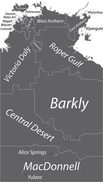 ノーザンテリトリーのオーストラリア領土の有権者地域の暗い灰色のフラットベクトル管理マップ 白い境界線とその地域の名前タグを持つオーストラリア — ストックベクタ