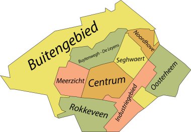 ZOETERMEER 'in Pastel düz vektör idari haritası, kendi bölgelerinin isim etiketleri ve siyah sınır çizgileri ile NETHERLANDS