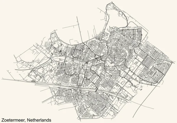 荷兰区域首府荷兰Zoetermeer城市街道路线图 背景为古米色 详细导航黑线 — 图库矢量图片