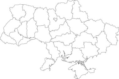 UKRAINE 'ın raion alanlarının siyah sınır çizgilerine sahip beyaz düz boş vektör idari haritası