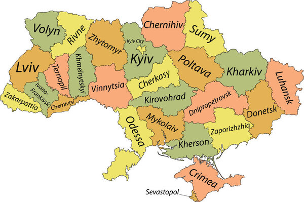 Pastel flat vector administrative map of raion areas of UKRAINE with black border lines and name tags of its raions