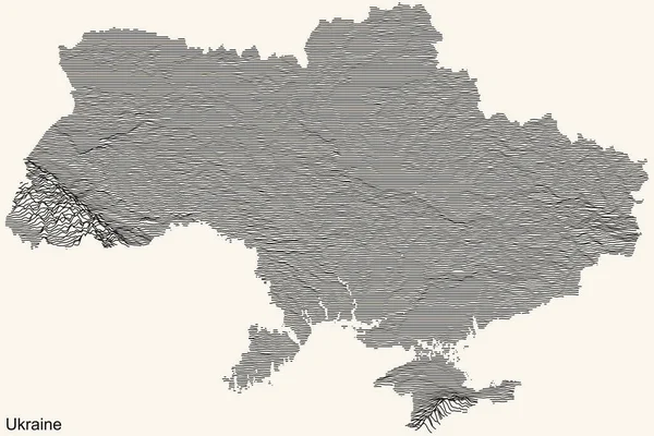 Τοπογραφικό Ανάγλυφο Χάρτη Της Ukraine Μαύρο Περίγραμμα Γραμμές Vintage Μπεζ — Διανυσματικό Αρχείο