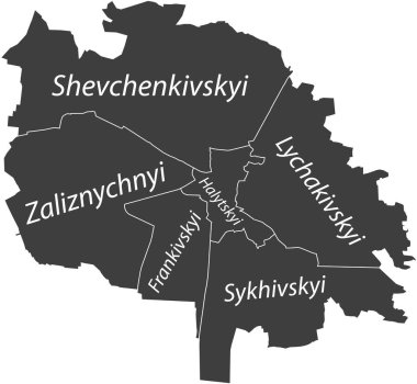 LVIV 'ün koyu gri düz vektör idari haritası, bölgelerinin isim etiketleri ve beyaz sınır çizgileriyle UKRAINE