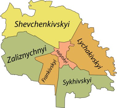 Pastel düz vektör idari haritası LVIV, UKRAINE kendi bölgelerinin isim etiketleri ve siyah sınır çizgileri