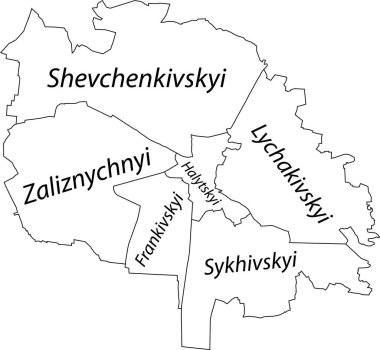 LVIV 'ün beyaz düz vektör idari haritası, bölgelerinin isim etiketleri ve siyah sınır çizgileriyle UKRAINE