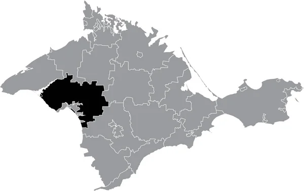 克里米亚自治共和国各市镇灰色行政地图内的Saky Raion黑色平面突出显示空白位置图 — 图库矢量图片