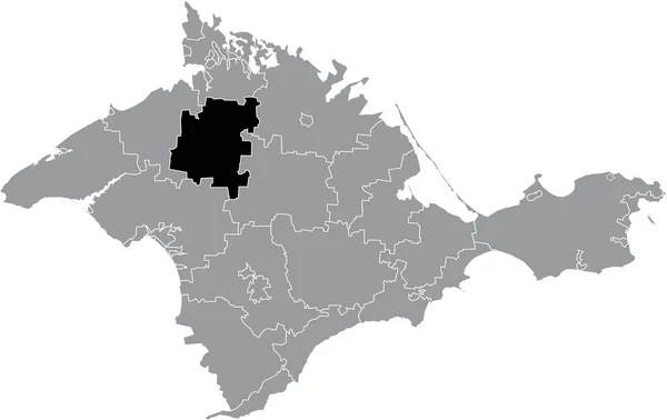 ウクライナのクリミア自治共和国の灰色の行政地図と都市自治体内のペルボマイスケ ライオンの黒いフラットブランクハイライトされた場所マップ — ストックベクタ