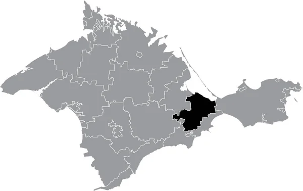 ウクライナのクリミア自治共和国の灰色の行政地図と都市自治体内のKirovske Raionの黒いフラットブランクハイライトされた場所マップ — ストックベクタ