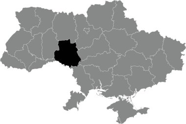 UKRAINE 'ın gri düz haritasının içindeki VINNYTSIA OBLAST' ın Ukrayna idari alanının siyah düz çizgili yer bulucu haritası