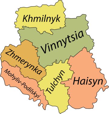 Ukrayna 'nın VINNYTSIA OBLAST idari bölgesinin raion alanlarının düz vektör haritası, siyah sınır çizgileri ve iyonlarının isim etiketleriyle UKRAINE