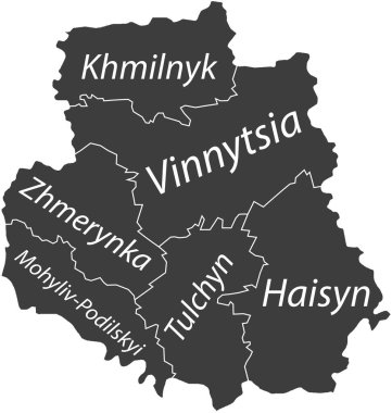 Ukrayna 'nın VINNYTSIA OBLAST idari alanının koyu gri düz vektör haritası, beyaz sınır çizgileri ve rayonlarının isim etiketleri ile UKRAINE