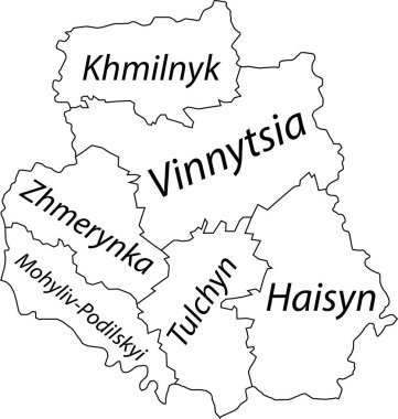 Ukrayna 'nın VINNYTSIA OBLAST idari alanının beyaz düz vektör haritası, siyah sınır çizgileri ve iyonlarının isim etiketleriyle UKRAINE
