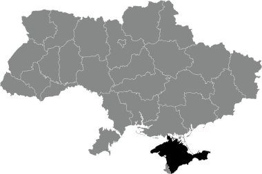 UKRAINE 'ın gri düz haritası içinde CRIMEA' nın Ukrayna idari alanının siyah düz çizili yer bulucu haritası