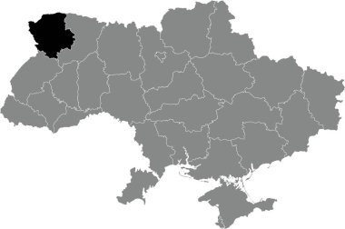 UKRAINE 'ın gri düz haritasının içindeki VOLYN OBLAST' ın Ukrayna idari alanının siyah düz nokta işaretli yer bulucu haritası