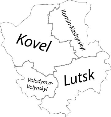 VOLYN OBLAST, UKRAINE 'ın Ukrayna idari alanının siyah sınır çizgileri ve rayonlarının isim etiketleriyle beyaz düz vektör haritası