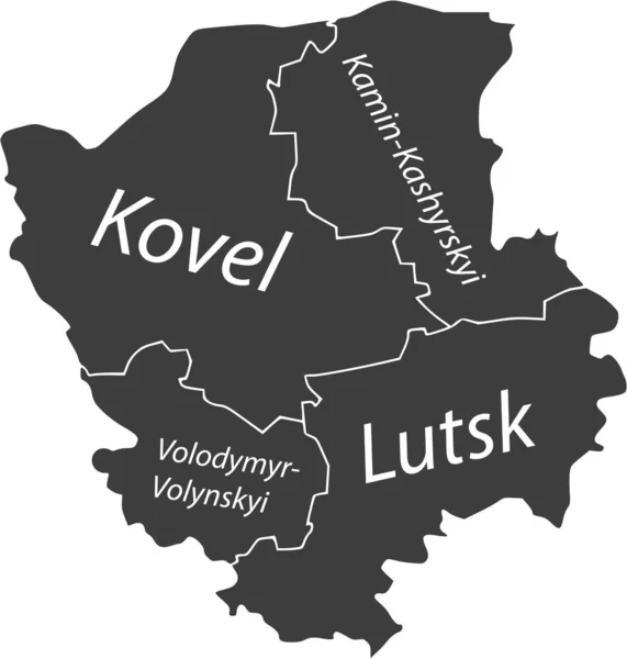 Volyn Oblastのウクライナ行政区の放射線領域の暗い灰色のフラットベクトルマップ 白い境界線とそのレーションの名前タグを持つUkraine — ストックベクタ