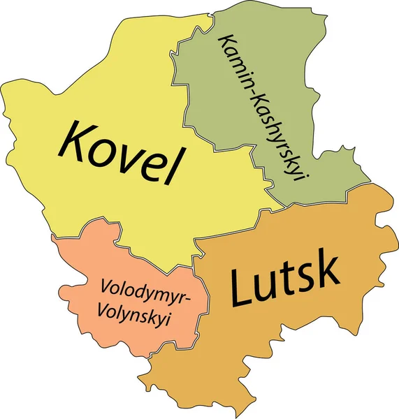 Ukrayna 'nın VOLYN OBLAST idari bölgesinin raion alanlarının düz vektör haritası, siyah sınır çizgileri ve iyonlarının isim etiketleriyle UKRAINE
