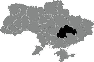 DNIPROPETROVSK 'un (SICHESLAV) UKRAINE' ın gri düz haritasının içindeki OBLAST 'ın Ukrayna idari alanının siyah düz çizili yer bulucu haritası