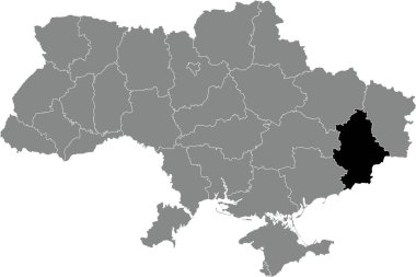 DONETSK OBLAST 'ın UKRAINE' ın gri düz haritasının içindeki Ukrayna idari alanının siyah düz noktalı yer bulucu haritası