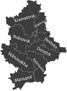 DONETSK OBLAST, UKRAINE 'ın Ukrayna idari alanının beyaz sınır çizgileri ve rayonlarının isim etiketleriyle koyu gri düz vektör haritası