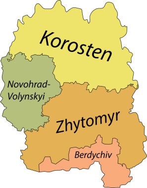 Ukrayna 'nın ZHYTOMYR OBLAST idari bölgesinin siyah sınır çizgileri ve rayonlarının isim etiketleriyle Pastel düz vektör haritası