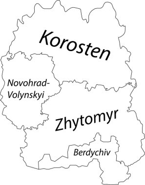 Ukrayna 'nın ZHYTOMYR OBLAST idari bölgesinin beyaz düz vektör haritası, siyah sınır çizgileri ve iyonlarının isim etiketleriyle UKRAINE