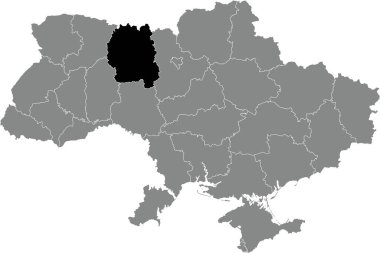 Ukrayna 'nın ZhyTOMYR OBLAST idari bölgesinin gri düz UKRAINE haritası içindeki siyah düz çizgili yer bulucu haritası