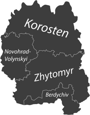 Ukrayna 'nın ZHYTOMYR OBLAST idari alanının koyu gri düz vektör haritası, beyaz sınır çizgileri ve rayonlarının isim etiketleriyle UKRAINE
