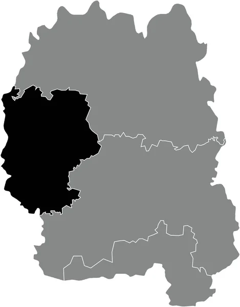 ウクライナのZhytomyr州のウクライナ行政区の灰色の放射線地図の中のNovohrad Volynskyi Rionの黒いフラットブランクハイライトされた場所マップ — ストックベクタ