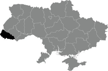 Ukrayna 'nın ZAKARPATTIA OBLAST idari bölgesinin gri düz UKRAINE haritası içindeki siyah düz çizgili yer bulucu haritası