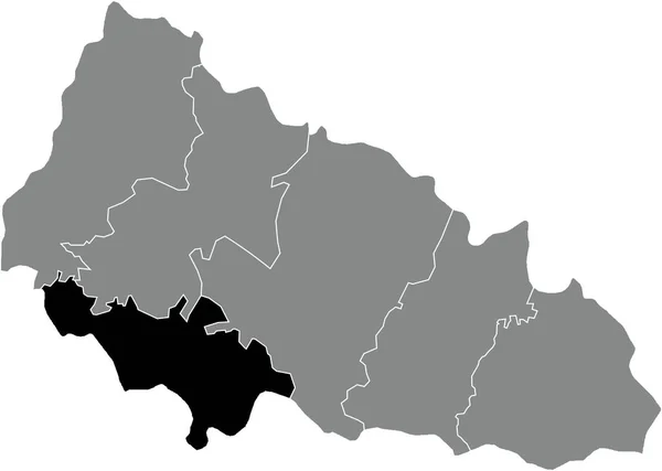 ウクライナザカルパティア州のウクライナ行政区の灰色のレーションマップ内のBerehove Raionの黒のフラットブランクハイライト位置マップ ウクライナ — ストックベクタ