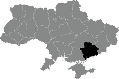 UKRAINE 'ın gri düz haritasının içindeki ZAPORIZHIA OBLAST' ın Ukrayna idari alanının siyah düz noktalı yer bulucu haritası