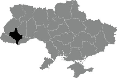 UKRAINE 'ın gri düz haritasının içindeki IVANO-FRANKIVSK OBLAST' ın Ukrayna idari alanının siyah düz çizili yer bulucu haritası
