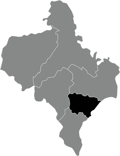 ウクライナのイヴァノフランキーフスク州のウクライナ行政区の灰色のレーションマップ内のKosiv Raionの黒いフラットブランクハイライト位置マップ — ストックベクタ