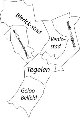 VENLO 'nun beyaz düz vektör idari haritası, bölgelerinin isim etiketleri ve siyah sınır çizgileri ile NETHERLANDS