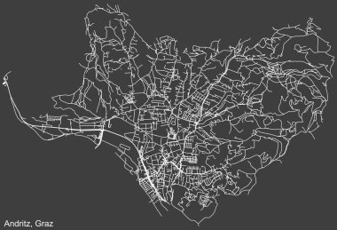 Avusturya 'nın bölgesel başkenti Graz, Avusturya' nın ANDRITZ DISTRICT 'inin koyu gri arka plan üzerindeki kentsel yol haritasının ayrıntılı negatif navigasyon beyaz çizgileri