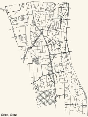 Avusturya 'nın başkenti Graz, Avusturya' nın GRIES DISTRICT kentinin klasik bej arkaplanlı kentsel sokak haritasının ayrıntılı navigasyon siyah hatları
