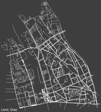 Avusturya 'nın bölgesel başkenti Graz' ın LEND DISTRICT 'inin koyu gri arka plan üzerindeki şehir caddelerinin detaylı haritası