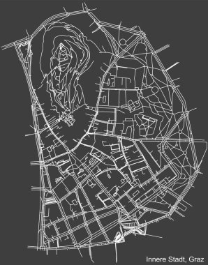 Avusturya 'nın bölgesel başkenti Graz, Avusturya' nın INNthe STADT DISTRICT 'inin koyu gri arkaplan üzerindeki kentsel yol haritasının ayrıntılı negatif navigasyon beyaz çizgileri