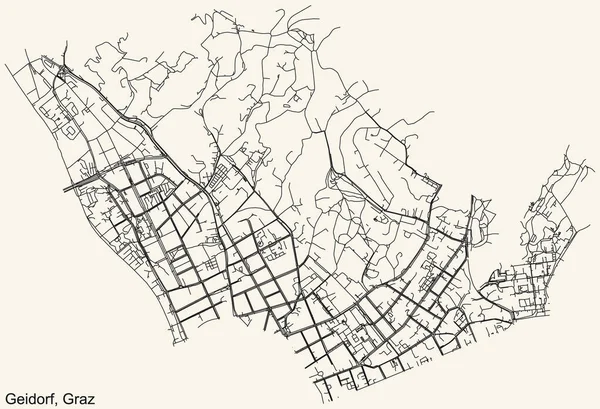 Navegação Detalhada Black Lines Urban Street Roads Mapa Geidorf District —  Vetores de Stock