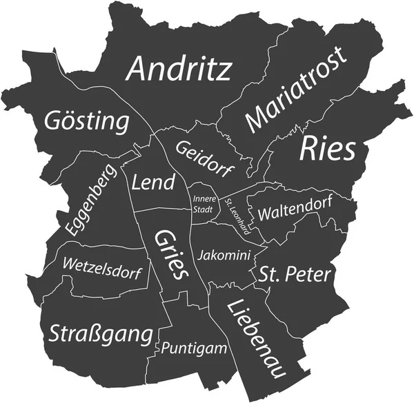 Dunkelgraue Flache Vektorkarte Von Graz Österreich Mit Namensschildern Und Weißen — Stockvektor