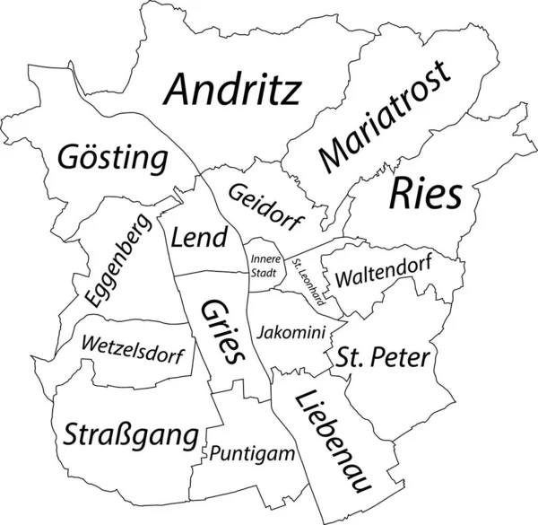 Graz Austriaの白いフラットベクトル管理マップその地区の名前のタグと黒の境界線 — ストックベクタ