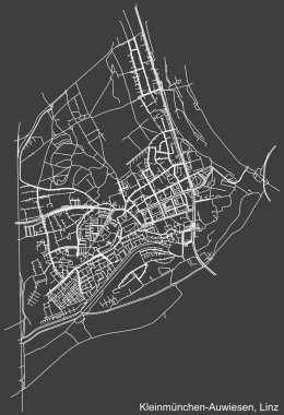 Avusturya 'nın bölgesel başkenti Linz, Avusturya' nın KLEINMNCHEN-AUWIESEN DISTRICT şehir haritasının beyaz çizgileri koyu gri arka plan üzerine