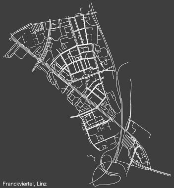 Avusturya 'nın bölgesel başkenti Linz' in FRANCKVIERTEL DISTRICT 'inin koyu gri arka plan üzerindeki şehir caddelerinin ayrıntılı haritası