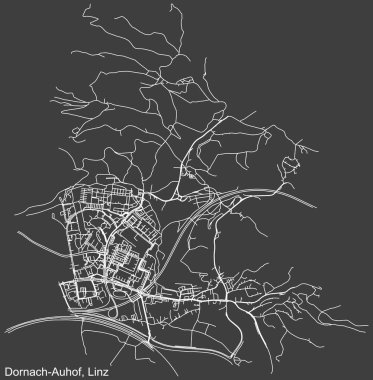Avusturya 'nın bölgesel başkenti Linz' in DORNACH-AUHOF DiSTRICT 'inin koyu gri arka plan haritası üzerinde ayrıntılı olumsuz navigasyon beyaz çizgileri